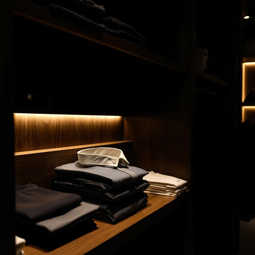 Folded shirts on lit shelf